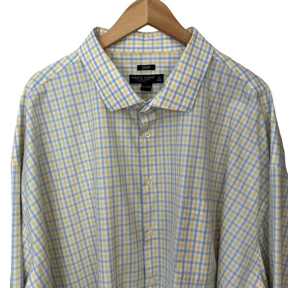 Pronto Uomo Classic Fit Dress Shirt Mens 22 34/35 Non Iron Button Up Yellow Blue - Picture 5 of 8